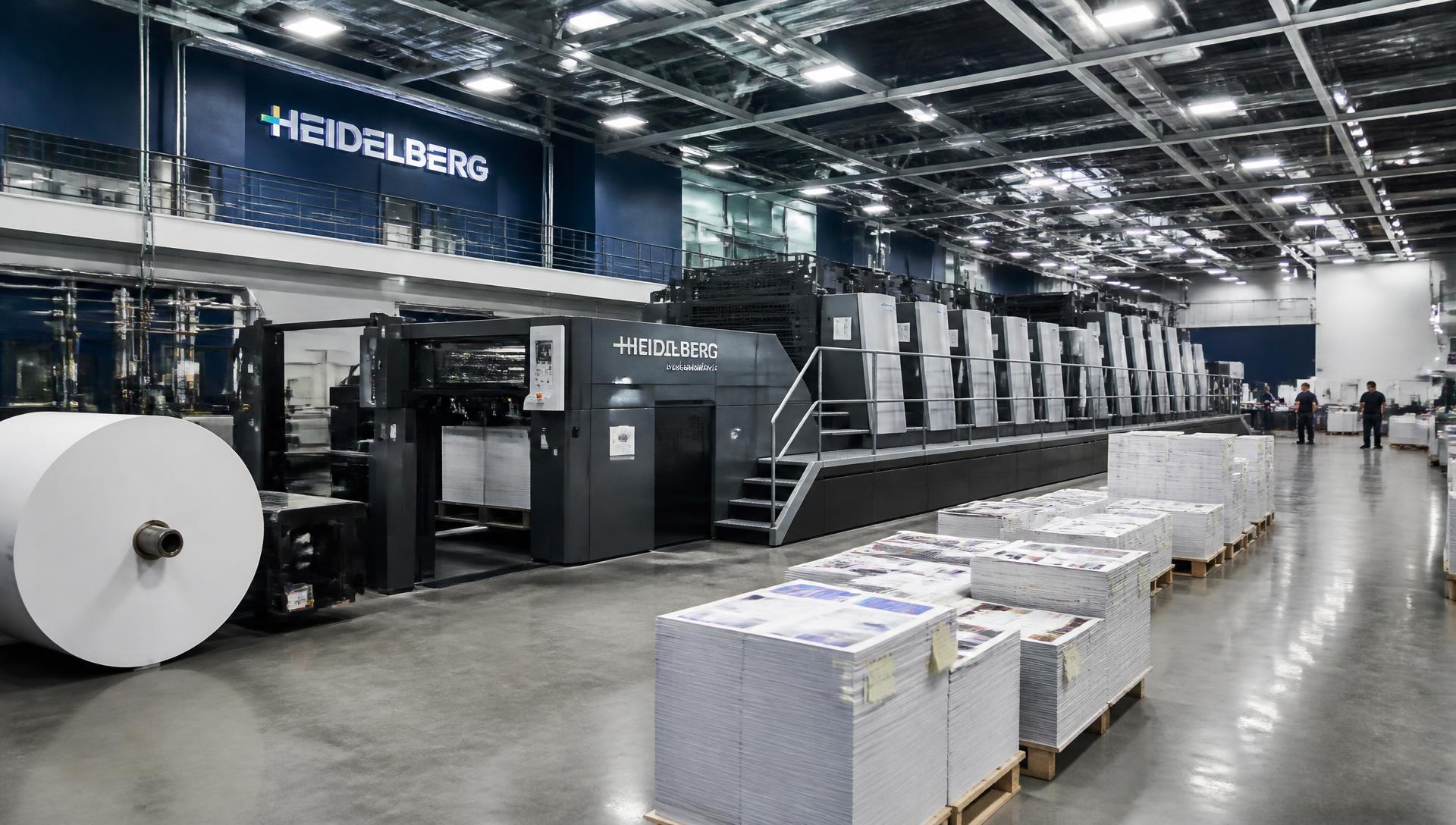Interior of the Buana Box offset printing factory with large Heidelberg presses and paper rolls